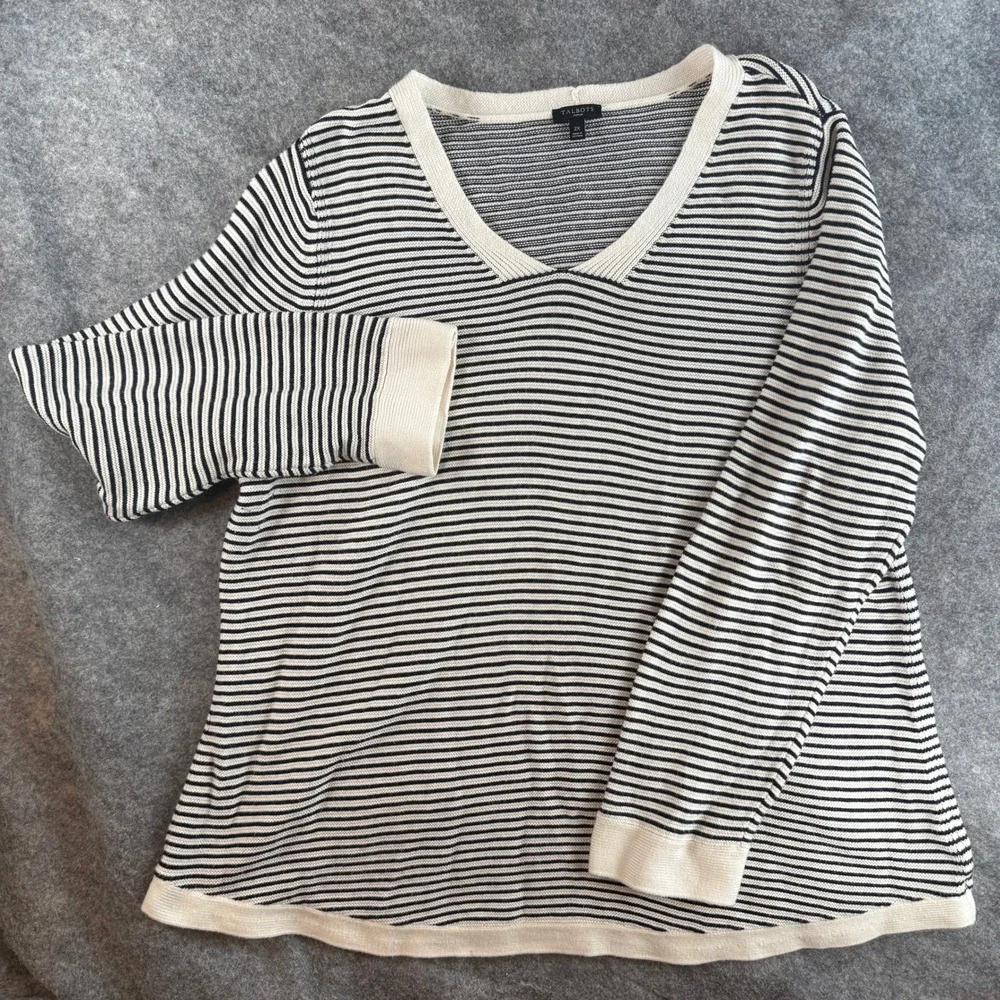 Talbots Sweater Women 2X Black White Striped V-Neck Knit Long Sleeve Trim